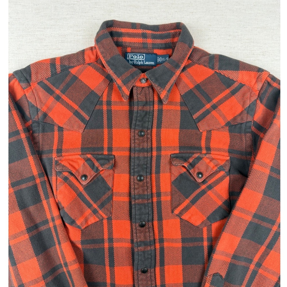 Polo Ralph Lauren Mens Western Flannel Shirt Orange Black Plaid Snap Front L